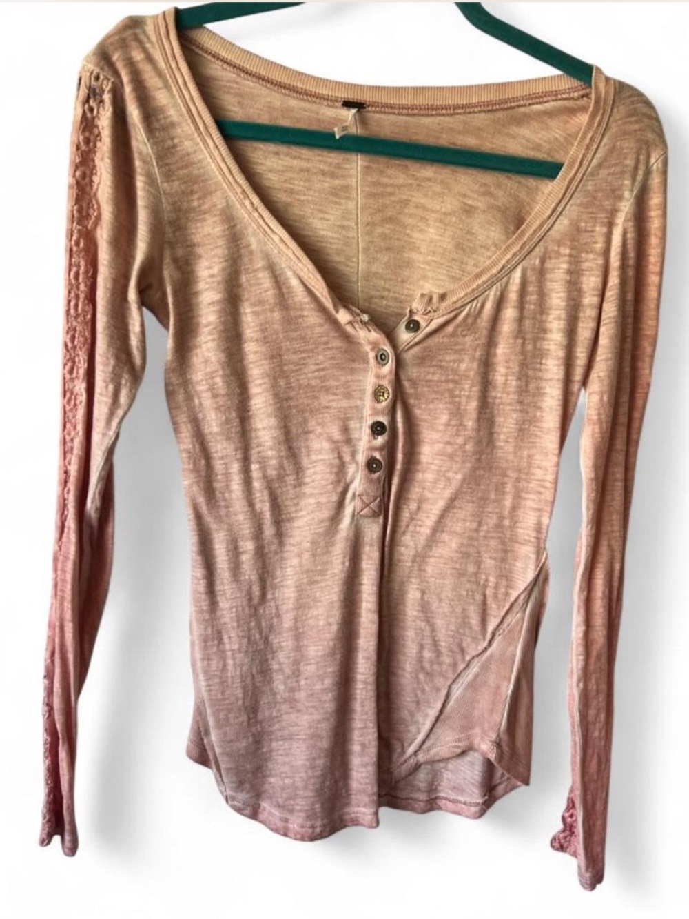 Free People Blush Pink Lace Trim Long Sleeve Henley Top size XS